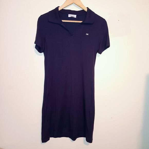 Calvin Klein Navy Polo Dress-Small-Stretch-Split Neck-Embroidered Logo-Classic - Picture 1 of 10